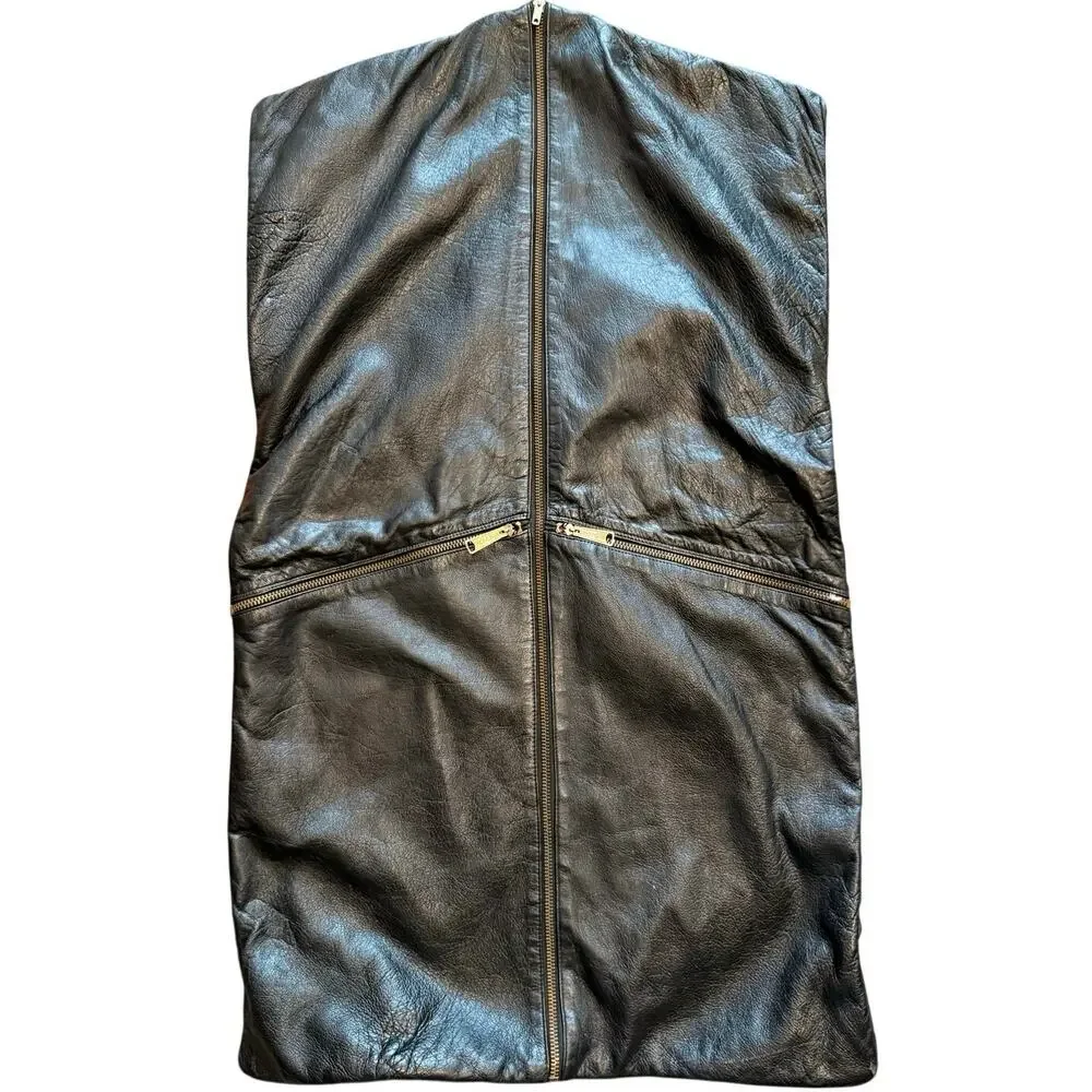 Vintage Black Genuine Leather Garment Bag Travel Suit Carrier Savoy Zippers